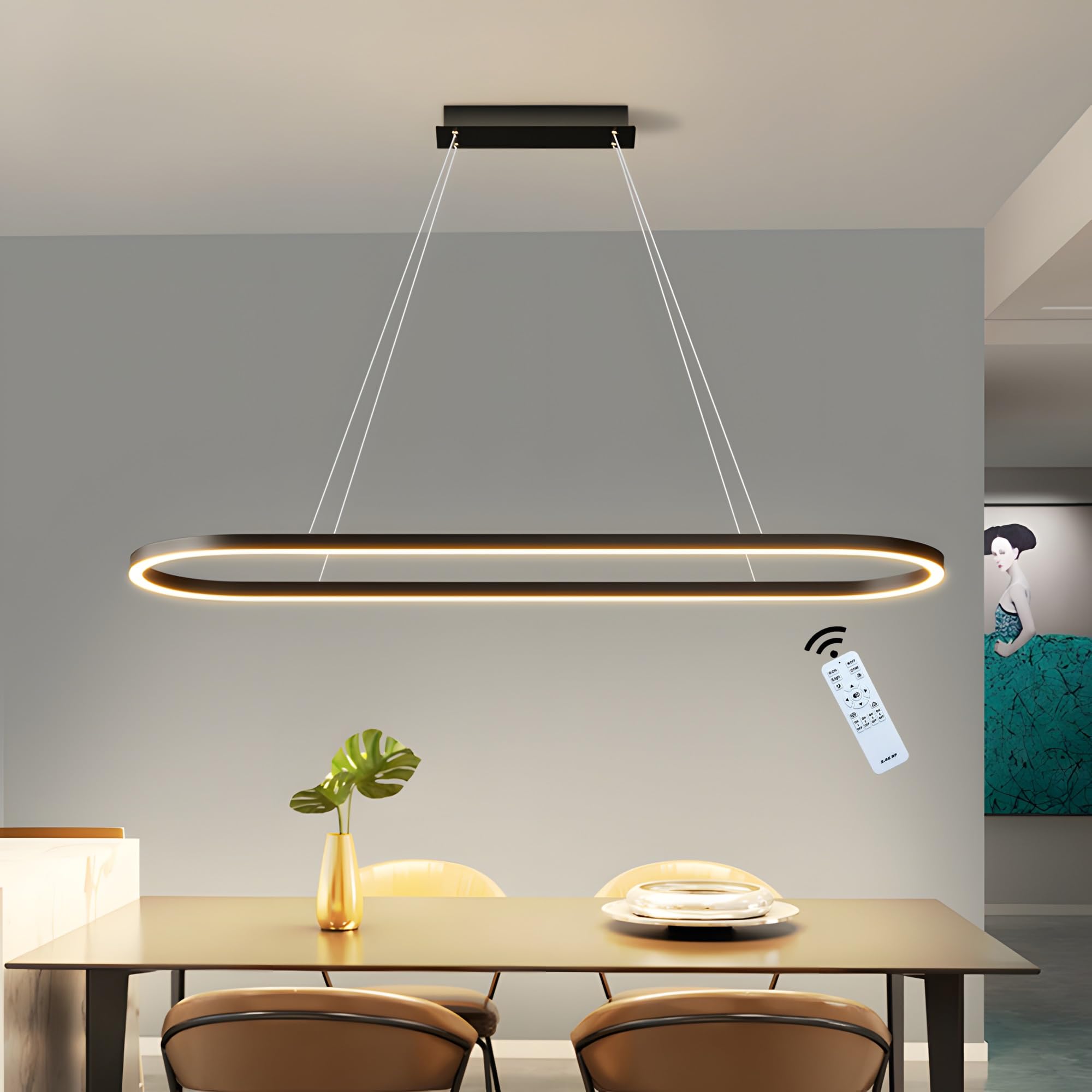 Kairry Modern LED Pendant Light Dimmable Linear Chandelier Height Adjustable Hanging Ceiling Fixture for Dining Room Kitchen Island Office, 3000K-6500K, Aluminum & Silicone(Black,100cm)