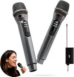 Kit 2 Microfones Sem Fio Duplo UHF, Microfone Karaoke, Dinamico, Microfone de Mão Profissional para Festas, Eventos, Aulas, Palestras, Igreja, Desempenho, Entretenimento Familiar - Final de Ano