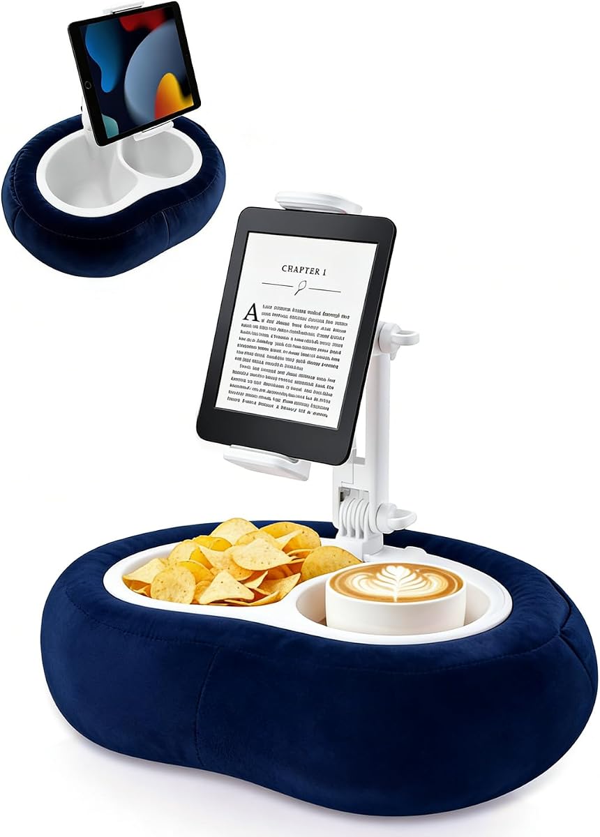 Miledi Tablet Pillow Stand for Bed with Detachable Snack Bowl, Blue | Fits 4.7–12.9-inch Tablets, E-readers and Phones, 360° Rotating Holder, Folding Support Arms and Soft Plush Base