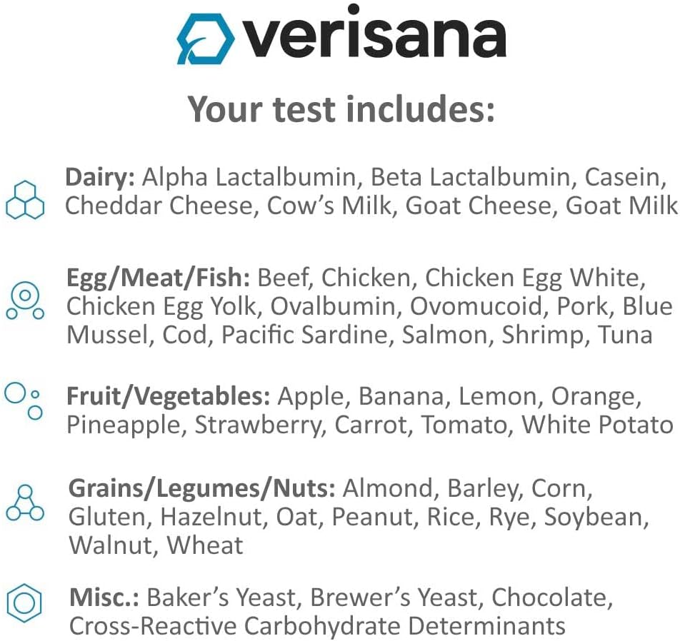 Verisana Food Allergy Test – 44 Foods Including Dairy, Meat, Fish, Grains, Fruit, Vegetables and Nuts