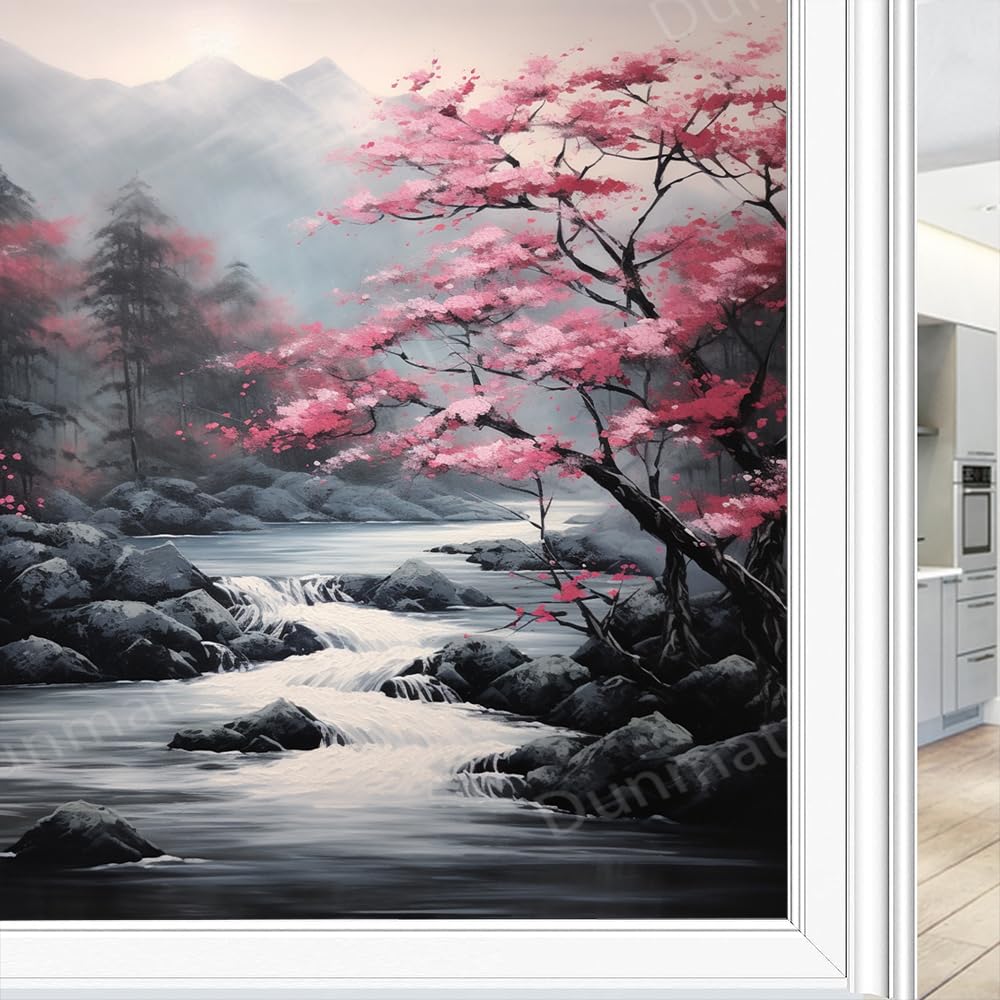Abstract Modern Mountain Stained Glass Window Film Tree Rustic Floral Ink Style Privacy Window Film Glass Door Covering Non-Adhesive Window Stickers for Bathroom Kitchen 45 x 60 cm