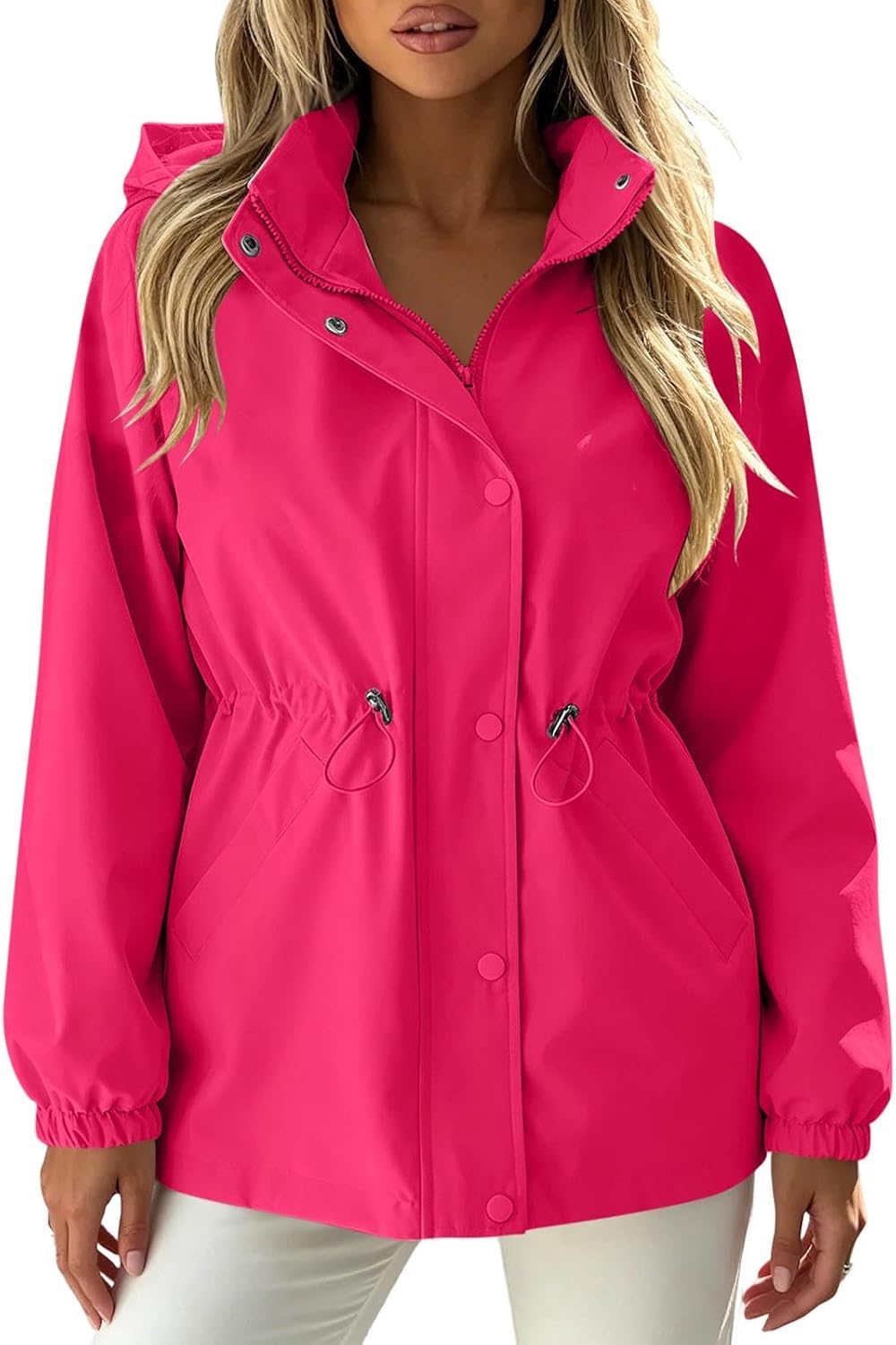 Womens Hooded Rain Jacket Drawstring Waist Long Sleeve Zipper & snap Coat Fall Winter Outdoor Hiking Casual Tops