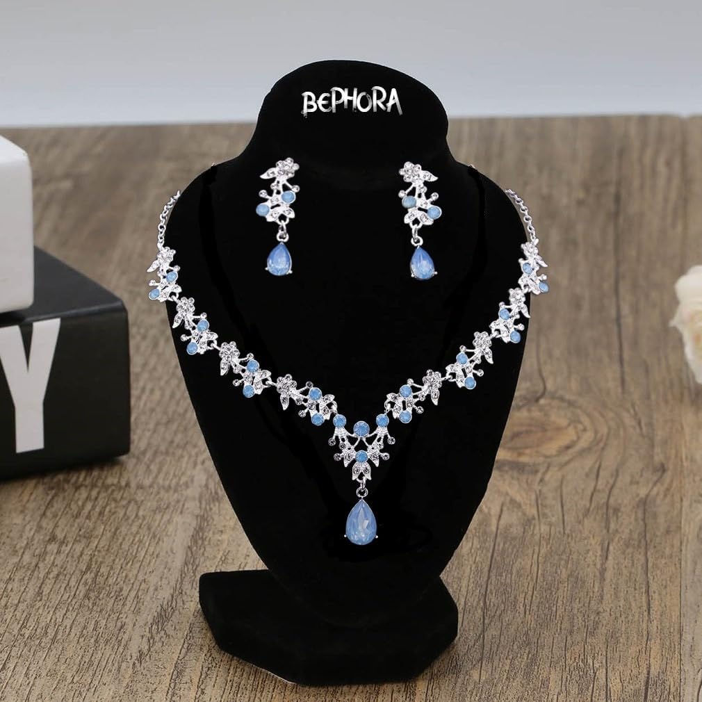Silver Light Blue Opal Bridal Tiara Jewelry Set with Necklace & Earrings in Luxury Gift Box – Elegant Crown for Weddings, Prom & Graduation
