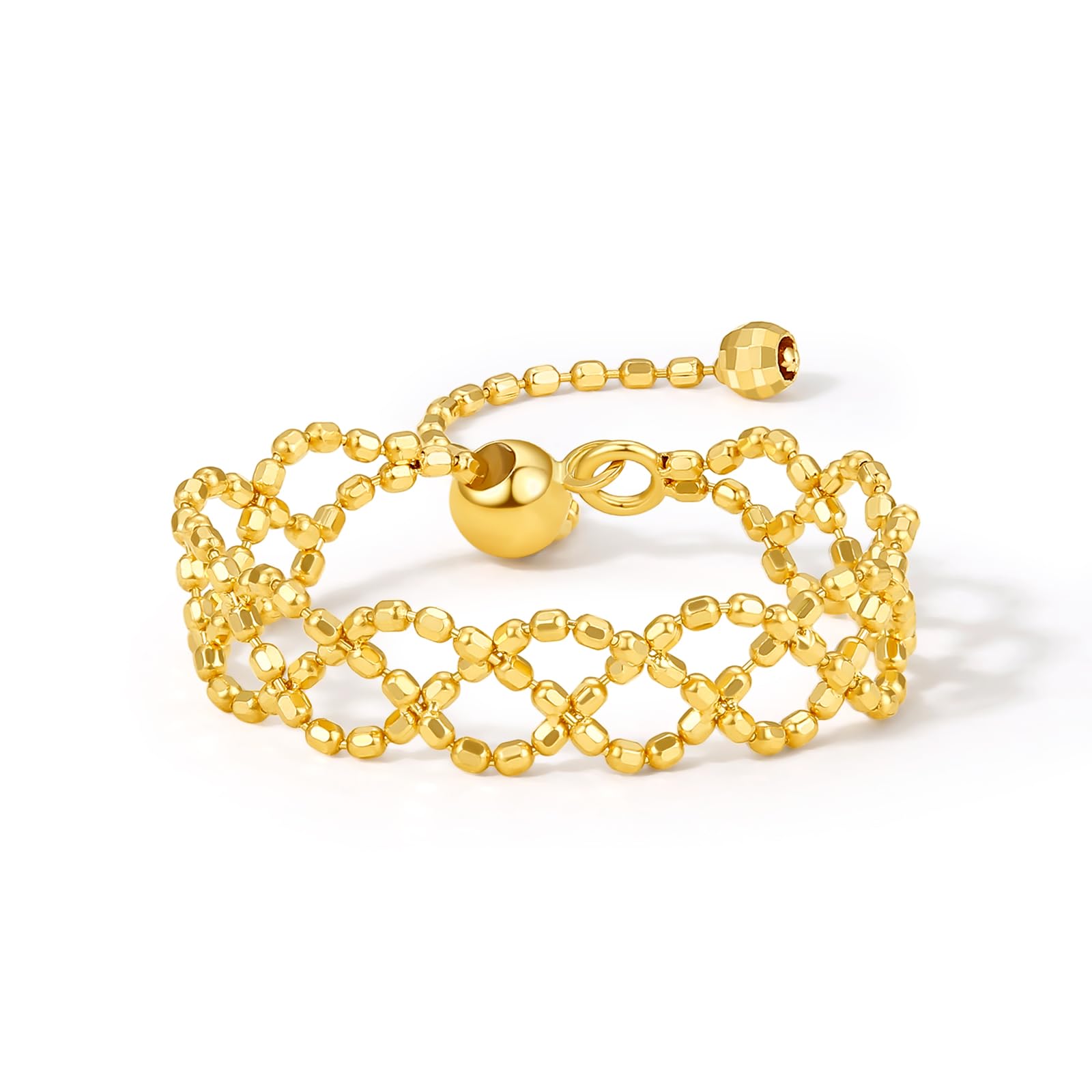 ZHOU LIU FU 18K/750 Yellow Gold Bead Ring for Women, Adjustable Ball Style Ring Jewelry Rings Wedding Anniversary Engagement