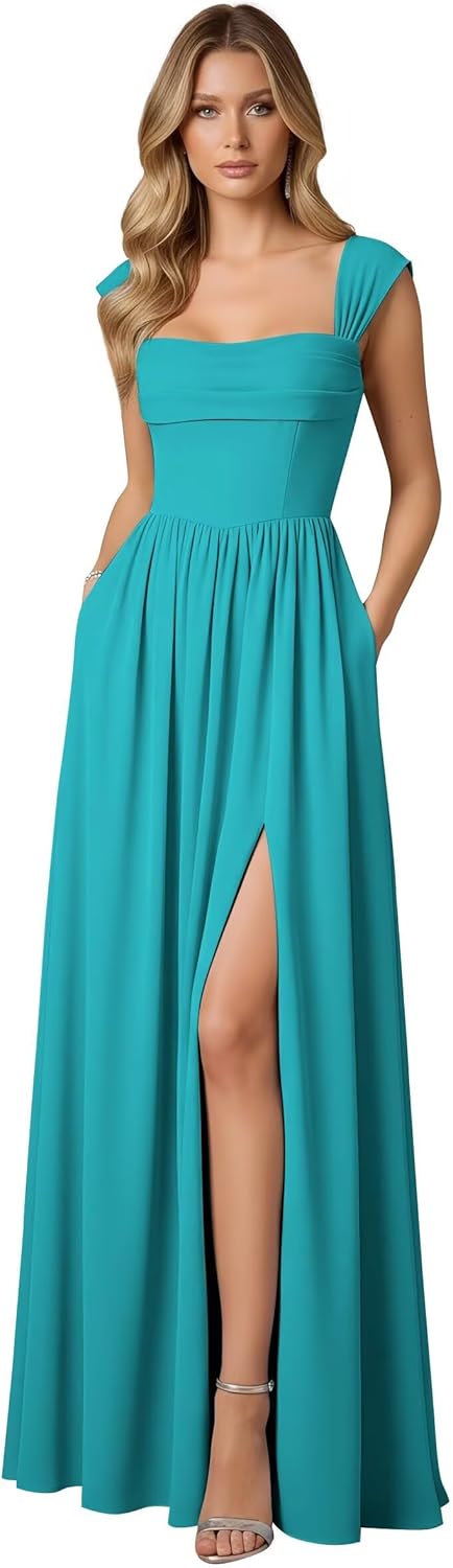 Chiffon Cap Sleeve Bridesmaid Dresses Long A Line Pleated Square Neck Split Evening Party Gown with Pockets