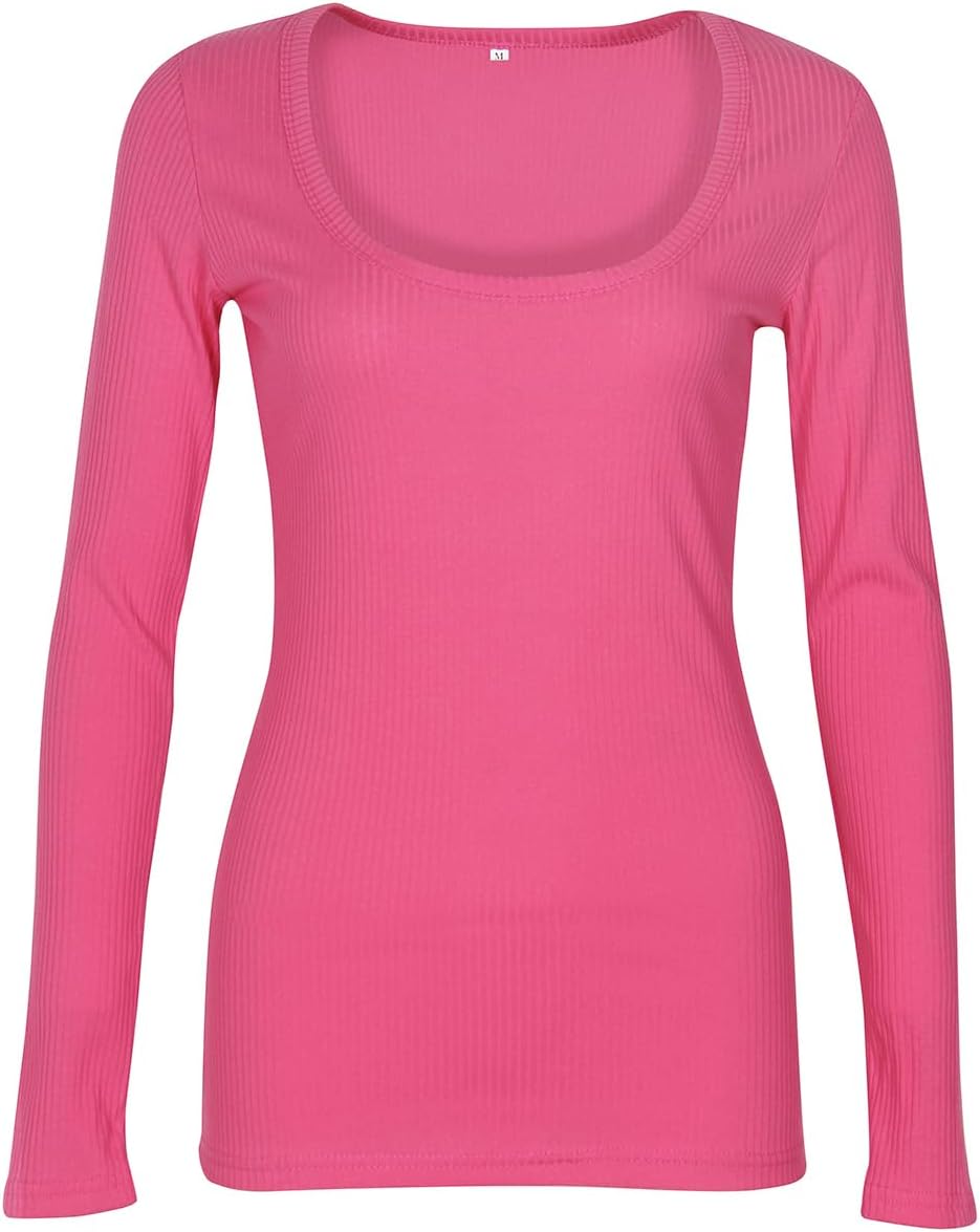 Roselux Women Long Sleeve Scoop Neck Ribbed Fitted Knit Shirt Basic T-Shirts - Image 3