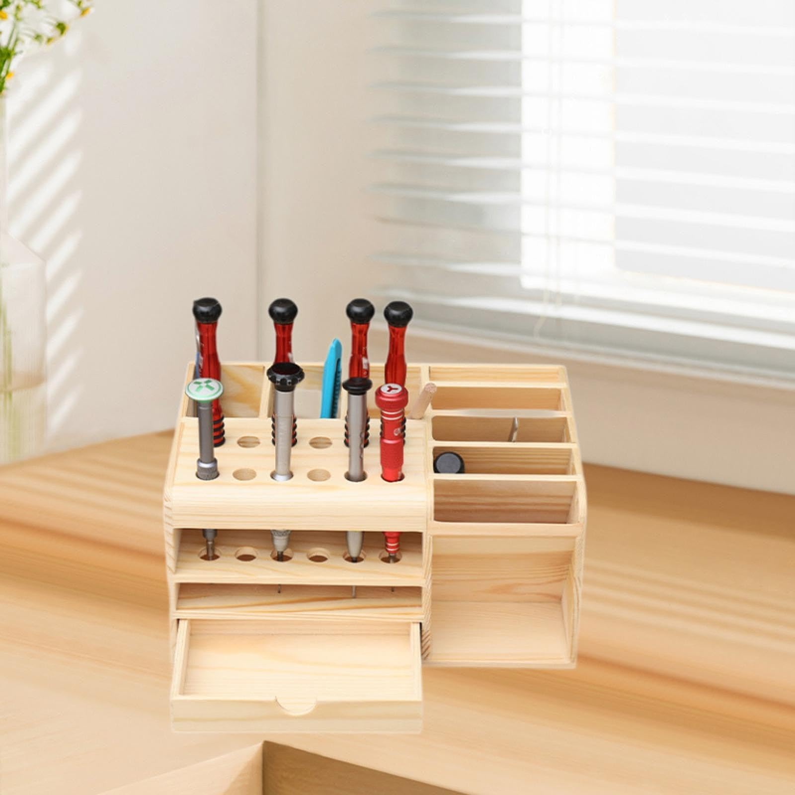 Schraubendreher-Aufbewahrungsbox, Heimwerker-Werkzeugkiste, Holz, vielseitig einsetzbar, für Heimwerker, Schreibtisch-Handwerkzeugständer mit 12