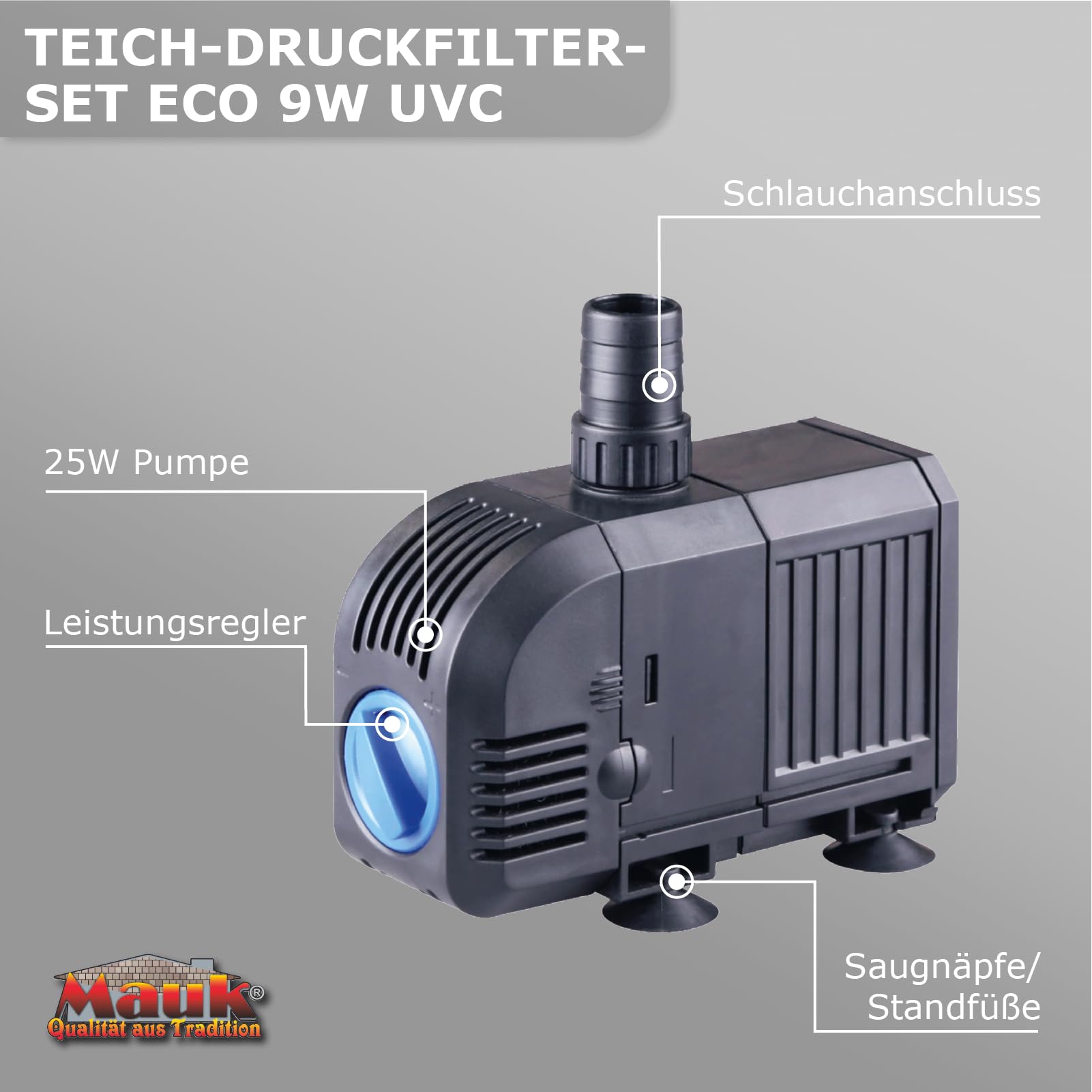 MAUK® Teichdruckfilter Komplettset | ECO 9W UVC Klärer mit Spin Clean Reinigung | inkl. Pumpe & Bachlauf Funktion | 4000 Liter - 8 Liter Kesselvolumen