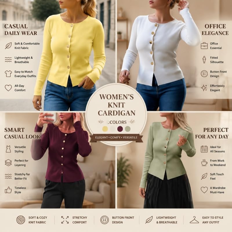 Gilet Cardigan en Maille Cintrée pour Femme Manches Longues Douces Fermeture Boutonnée Léger Col Rond Pull Chaud et Décontracté Idéal pour L'Oktoberfest Le Bureau Le Quotidien Le Printemps et