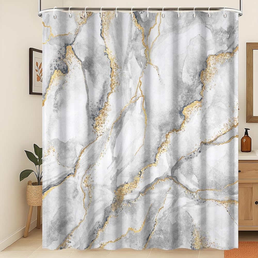 Xiaoterna Marble Shower Curtain 3D Grey Gold Bathroom Curtain Luxury Modern Abstract Grey Marble Golden Dots Water Repellant Machine Washable Shower Curtains for Bathroom Decoration 180x200cm โ image 1