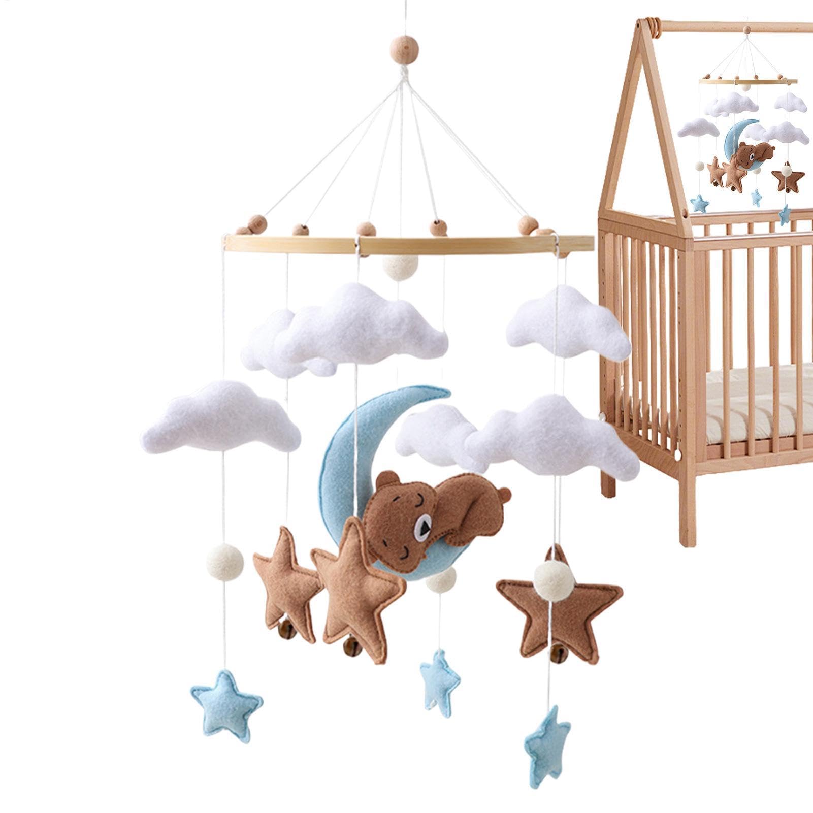 Kids Crib Mobile - Nursery Hanging Bed Bell, Wind Chime Felt Balls, Kids Mobile Wooden Crib with Felt Balls, White Clouds Moon Bear Pendant, Nursery Decoration for Girls and Boys