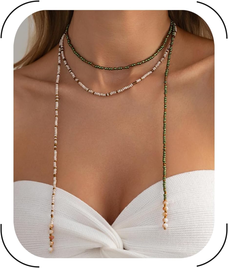 Layered Crystal Beaded Necklace for Women Colorful Multistrand Rhinestone Beaded Y Necklace Statement Boho Jewelry