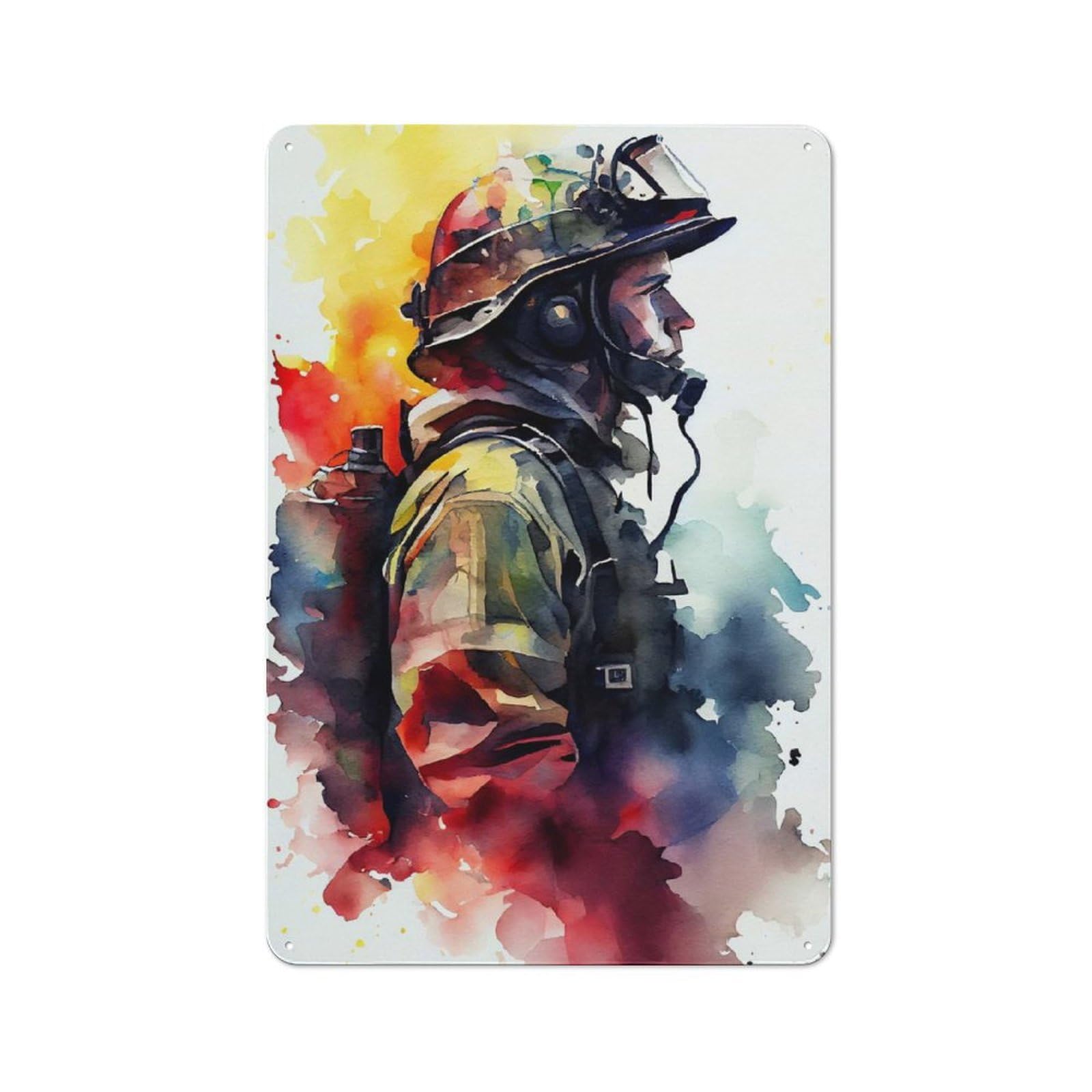 Industrial Firefighter Watercolor Industrial Metal Sign 30x20cm, Industrial Wall Decor for Workspace, Cafe, Hallway Or Garage