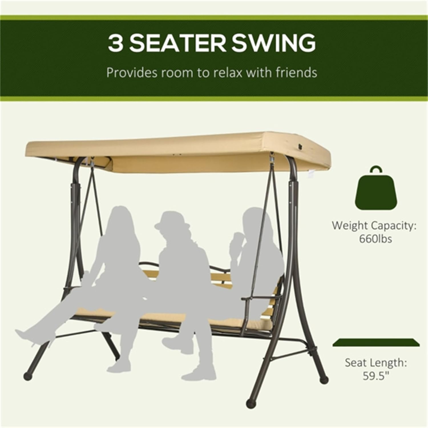 3 Seat Outdoor Porch Swing Comfortable Swing for Kids and Adults Swing Seat for Outdoor Playground