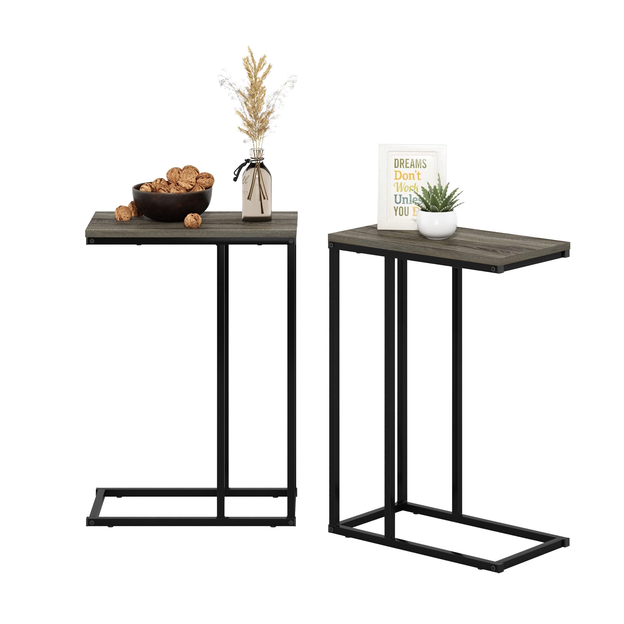 Furinno CAMNUS Juego de 2 mesas auxiliares en Forma de C con Estructura de Metal, mesita de Noche para salón o Dormitorio, Roble francés Gris