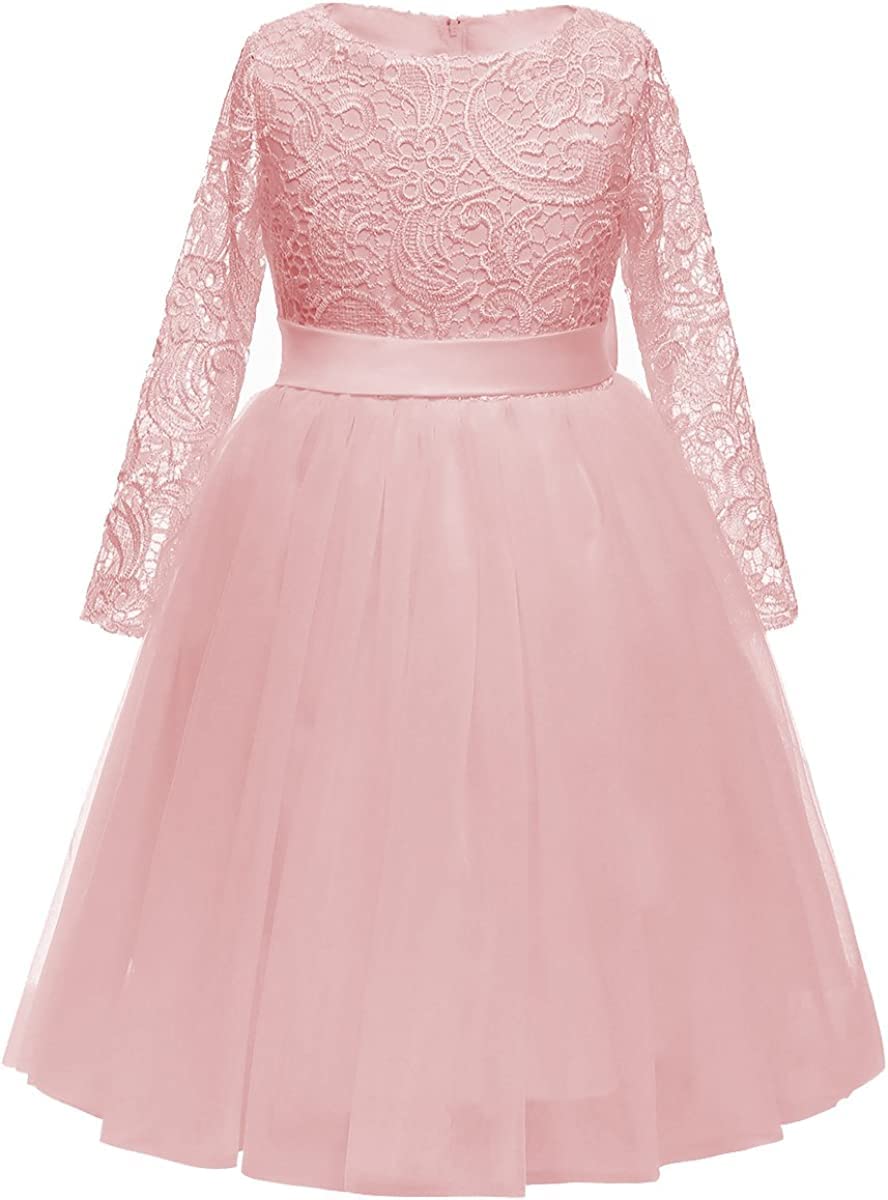 Aibaowedding Vestito da ragazza di fiore Maniche Lunghe Pizzo Top Tulle Gonna Ragazze Pizzo Abiti da Partito