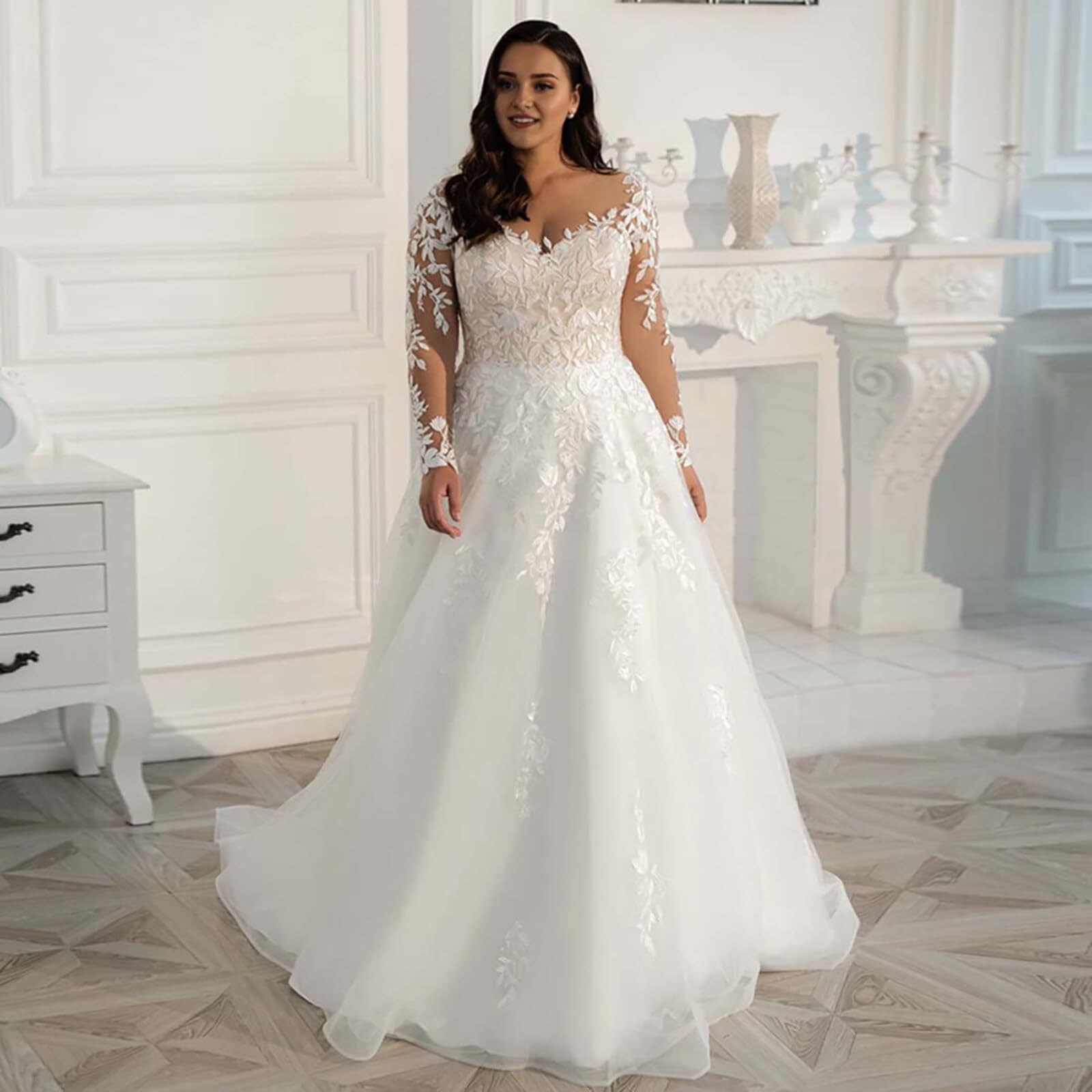 JAEDEN Spitze Brautkleid mit Ärmel Grosse Grössen Hochzeitskleider A-Linie Prinzessin Standesamt Brautkleider