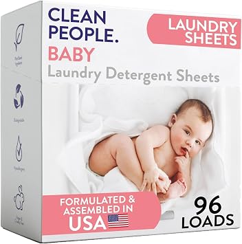 The Clean People Unscented Baby Laundry Detergent Sheets - Hypoallergenic - Ultra Concentrated, Recyclable Packaging, Fights Stains & Odors on Baby Clothes & Bedding - Fragrance Free, 96 Pack