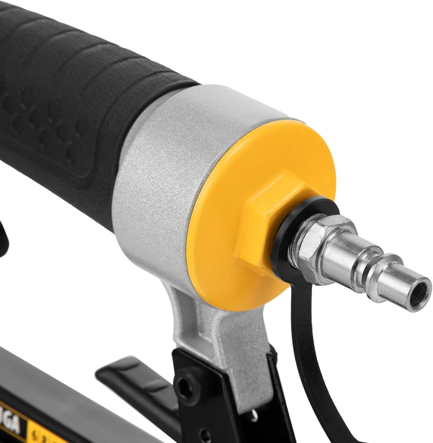 Close-up of air inlet connection on Denzel Pneumatic Stapler