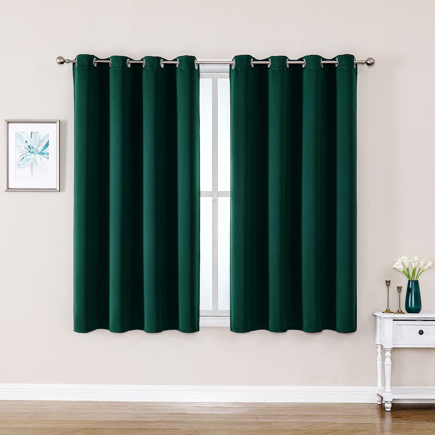 ChrisDowa Blackout Curtains for Bedroom and Living Room 63 Inches Long | 2 Panels Set, Thermal Insulated, Light Blocking, Room Darkening, Grommet, Window Treatment Drapes, Forest Green, 52 x 63 Inch