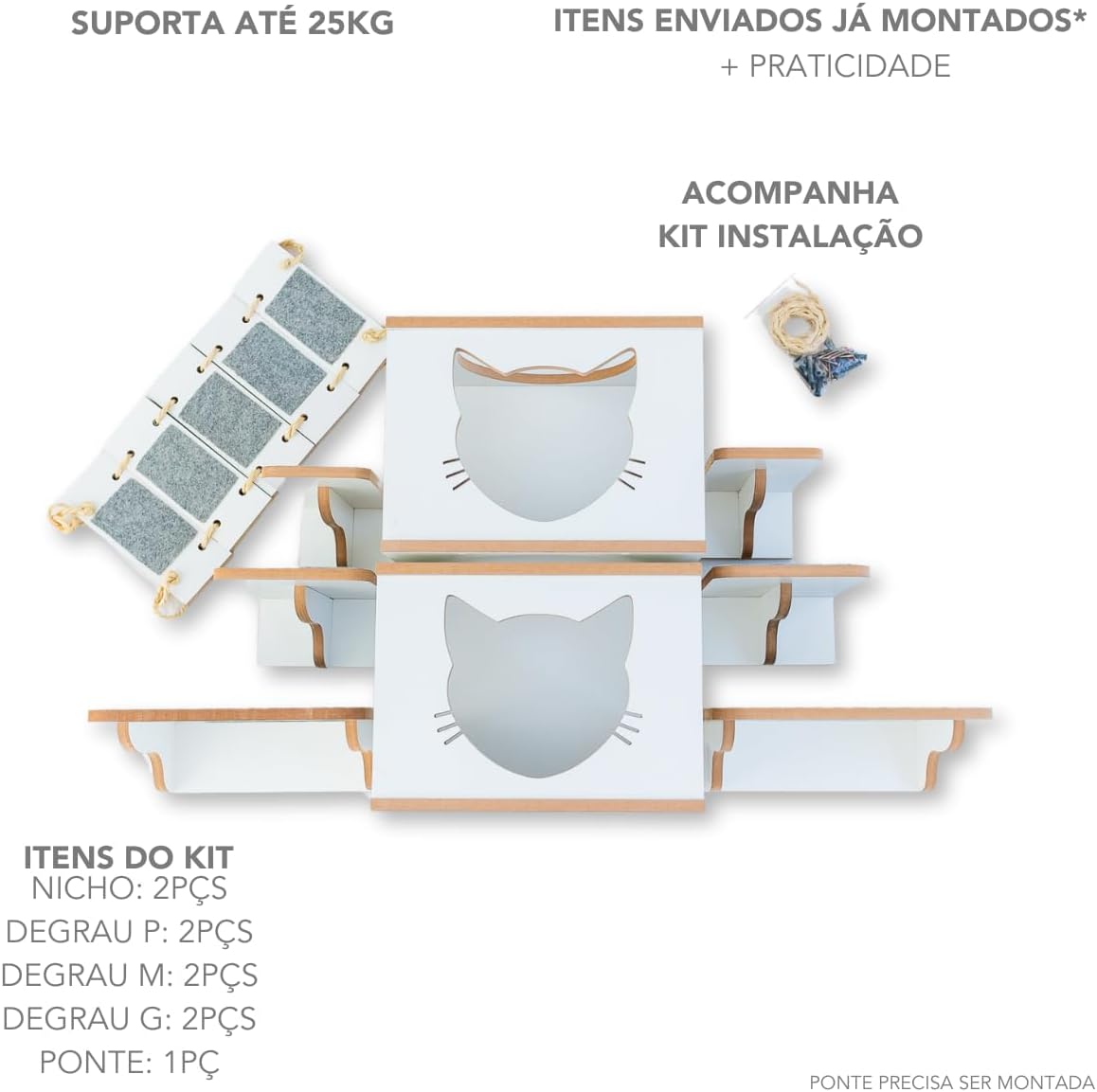Playground para gatos com 9peças Premium com Prateleiras Nichos Já Montados (BRANCO)