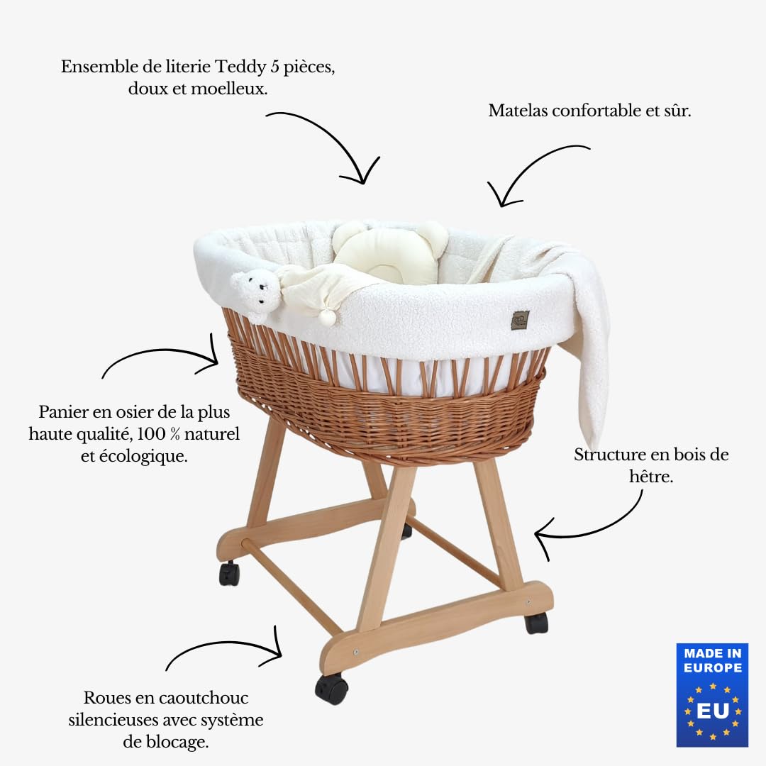 WIKLINOPOL Berceau – Couffin tressé à la Main Naturel avec châssis et Matelas – Ensemble de literie Teddy 5 pièces écru – Couffin bébé Portable à roulettes – Idéal pour Nouveau-né