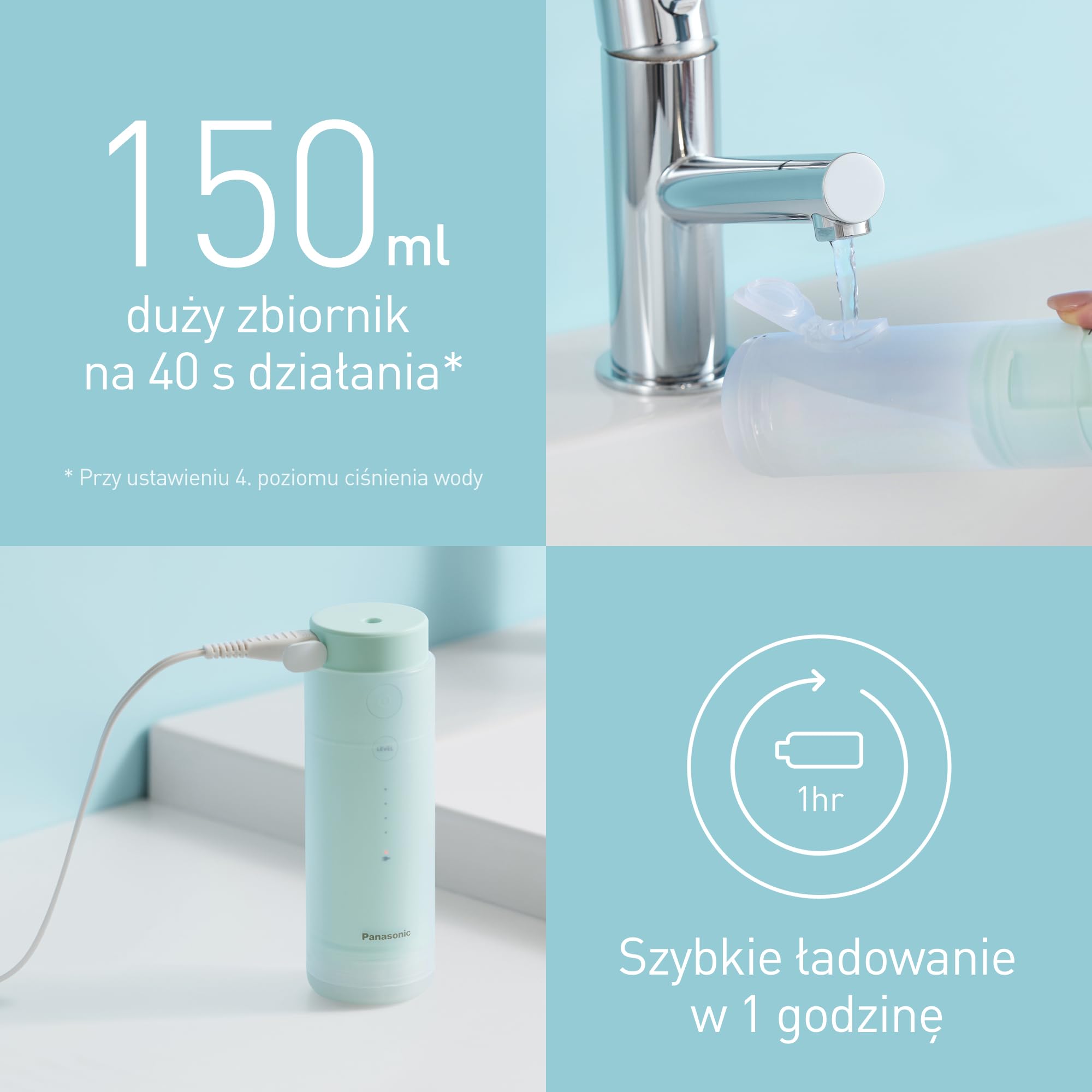 Panasonic EW-DJ4B-G podróżny prysznic do ust, z technologią ultradźwiękową, zbiornik na wodę 150 ml, szybkie ładowanie w ciągu 1 godziny