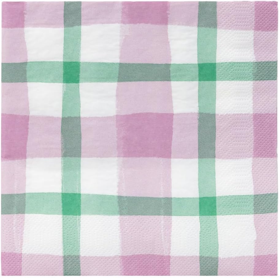 20 x Pink & Green Gingham Napkins for Tea Parties, Picnics & Easter - Spring Serviettes for Decoupage & Mother's Day Table Decorations
