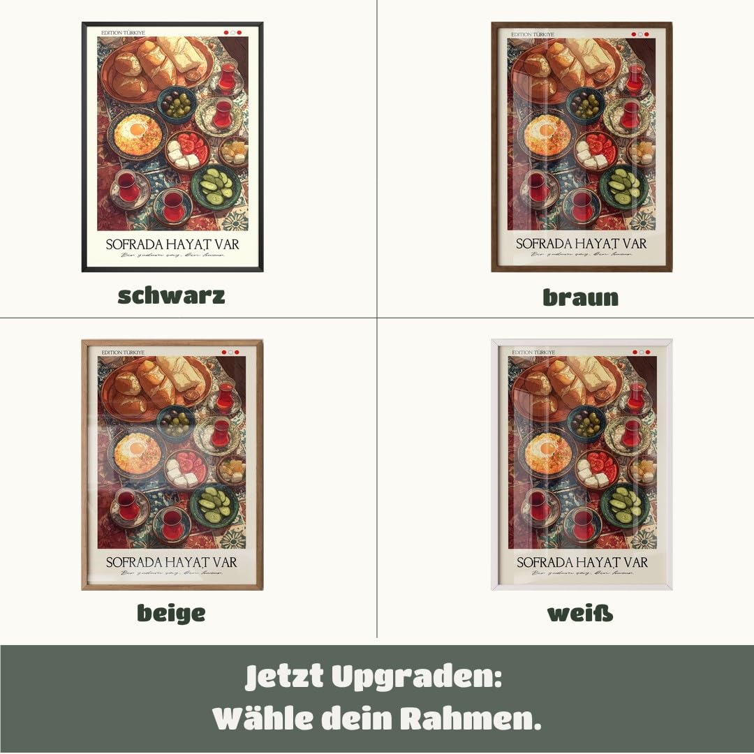 MJ-GRAPHICS® Poster Frühstück Wandbild türkei Farbenfrohes Kunstdruck traditionell Deko lebendig Küche orientalischer Stil Bild Frühstückstisch maximiere Genuss A2 mit weißem Rahmen