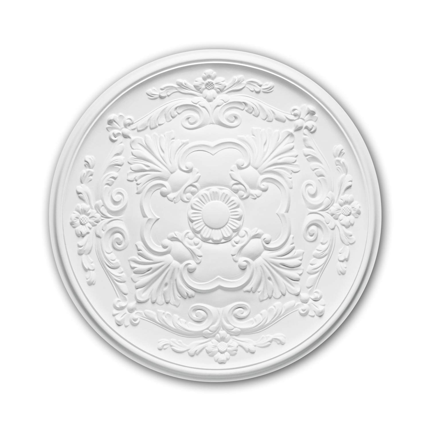 Profhome 156024 Deckenrosette Ø 49,6 cm | Stuckrosette aus Polyurethan Hartschaum | Klassische Lampenrosette weiß vorgrundiert für Kronleuchter & Deckenleuchten