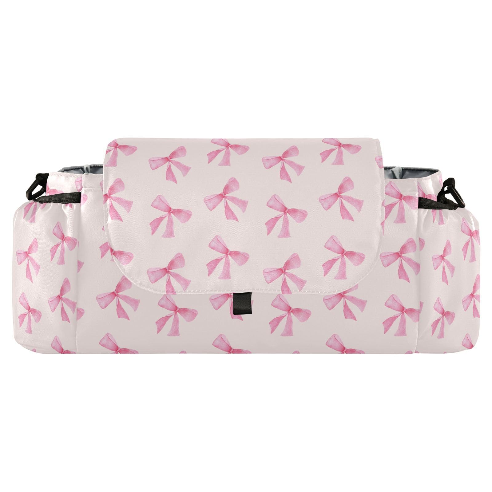 Burbuja Pink Bow Stroller Organizer with Insulated Cup Holders, Non-Slip Stroller Caddy Universal Fits Most Strollers, Nursery Accessories