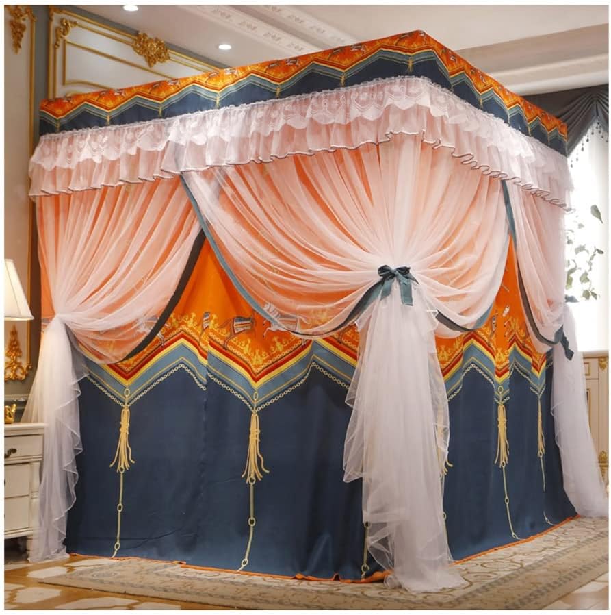Fabric Bed Drapes Mesh Protection Canopy Shielding Netting,4 Corner Bed Canopy Mosquito Net for Single Double Bed, 3 Doors Dustproof Blackout Printed Bed Curtain, Bed Cover Gift for Adult Gi