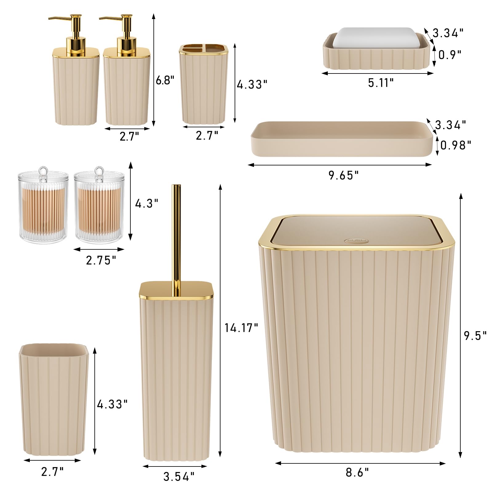 XLHOMO Badezimmer-Zubehör-Set – wunderschönes Badezimmer-Set, 10-teilig, beige, Badezimmer-Zubehör-Set, WC-Bürste, Mülleimer und Seifenspender