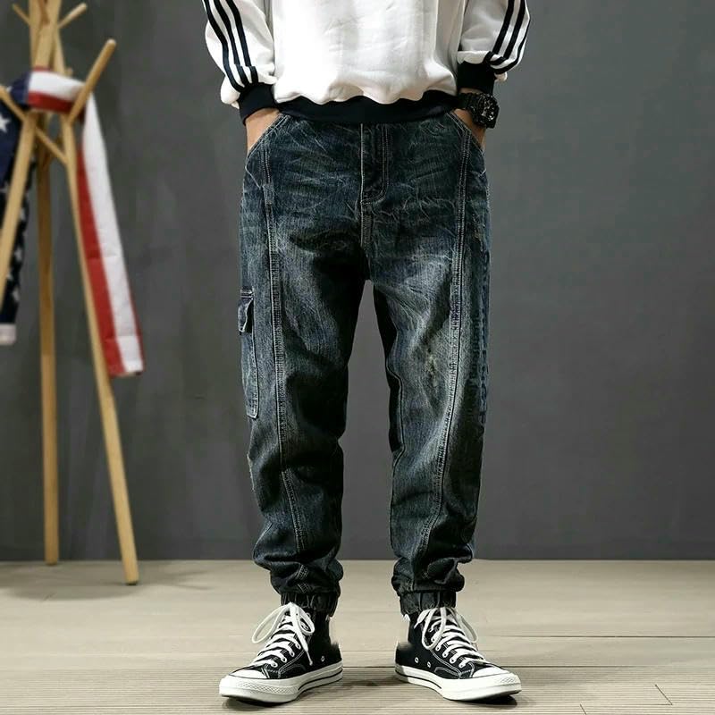 Street Mens Jeans Retro Blue Printed Big Pocket Casual Cargo Pants Hip Hop Joggers Men Ripped Trousers2