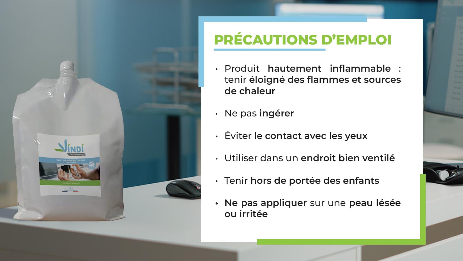Vindi Désinfectant solution hydroalcoolique - Bidon-écorecharge de 5L - Fabrication Française - 76% d'alcool - Désinfection des mains et des surfaces - Virucide