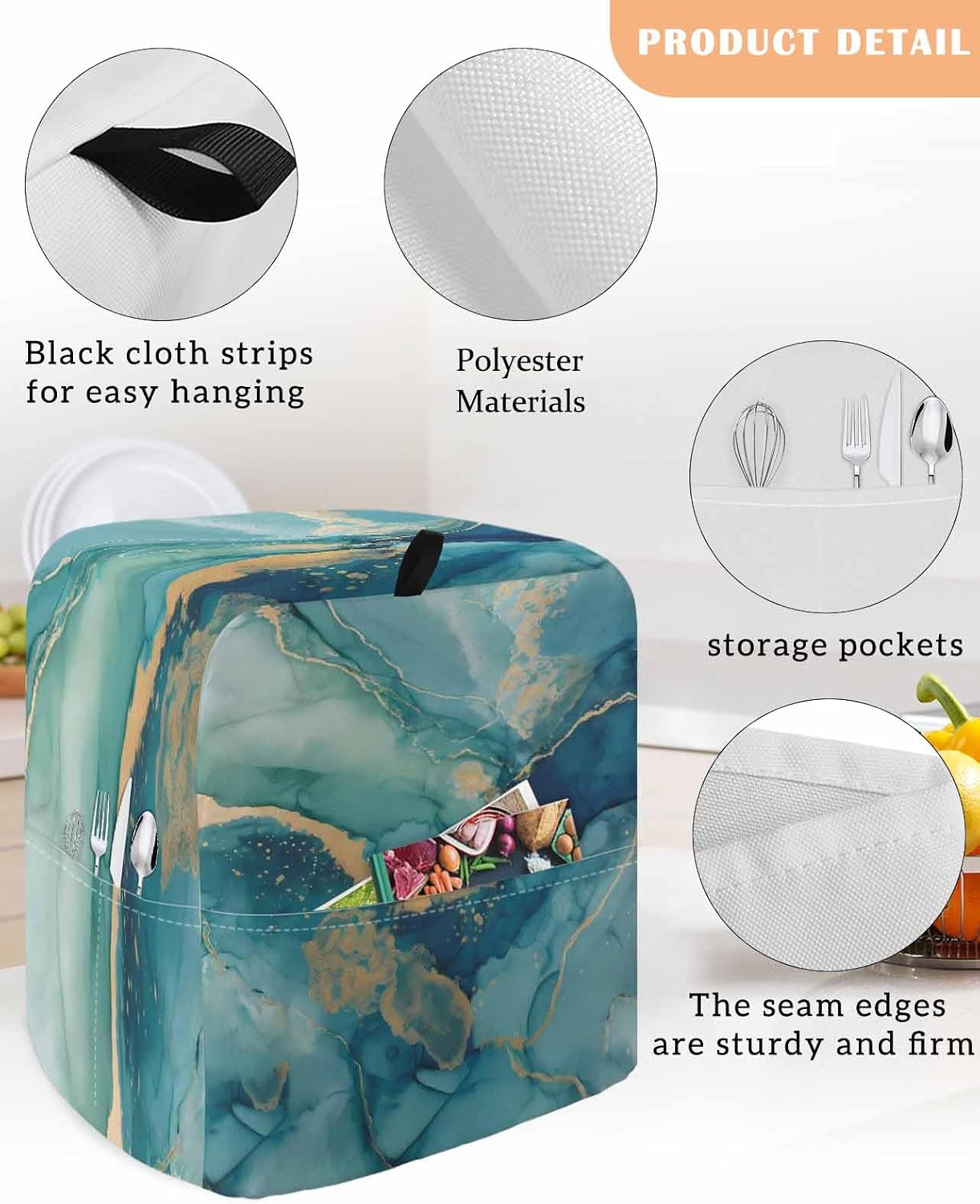 Turquoise Marble Stand Mixer Cover with Storage Pocket, Waterproof Kitchen Mixer Covers, Modern Abstract Art Ombre Blue Kitchen Appliance Dust Cover Compatible with 4/4.5 Quart Mixers