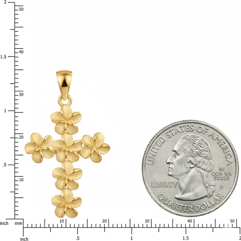 925 Sterling Silver Plumeria Flower Cross Pendant with 18" Box Chain, Gold Plated, Nickel Free Hypoallergenic for Sensitive Skin, Hawaiian Jewelry for Women, Gift Box Included