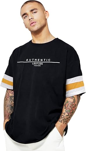 LEOTUDE Men's Cottoblend Half Sleeve Printed Oversized Drop Shoulder T-Shirt (Black Color)