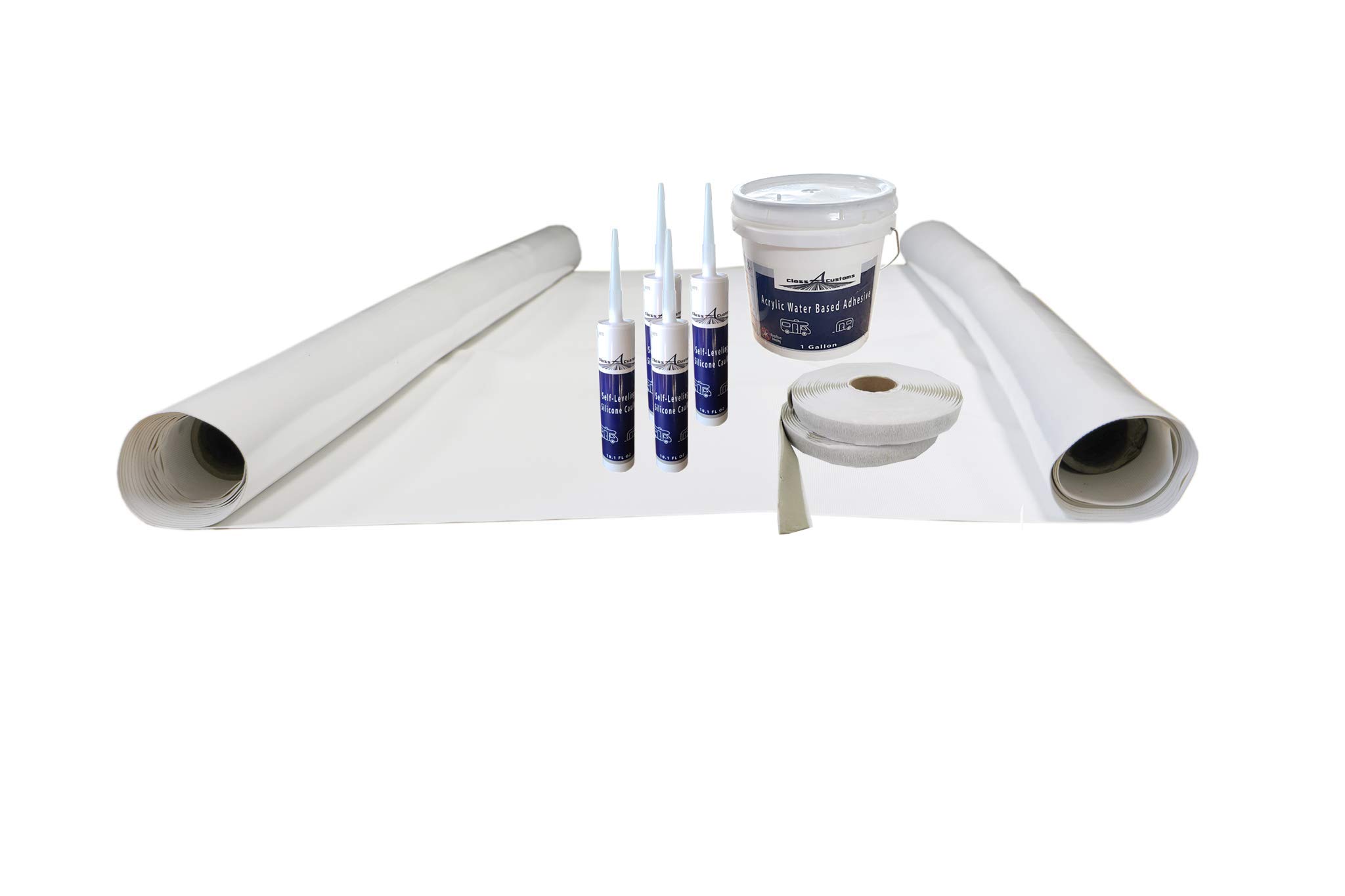 Class A Customs | RV Camper Rubber Roofing 8.5' Wide by 15' Long White Textured EPDM with Install kit | CAC-E85X15-K
