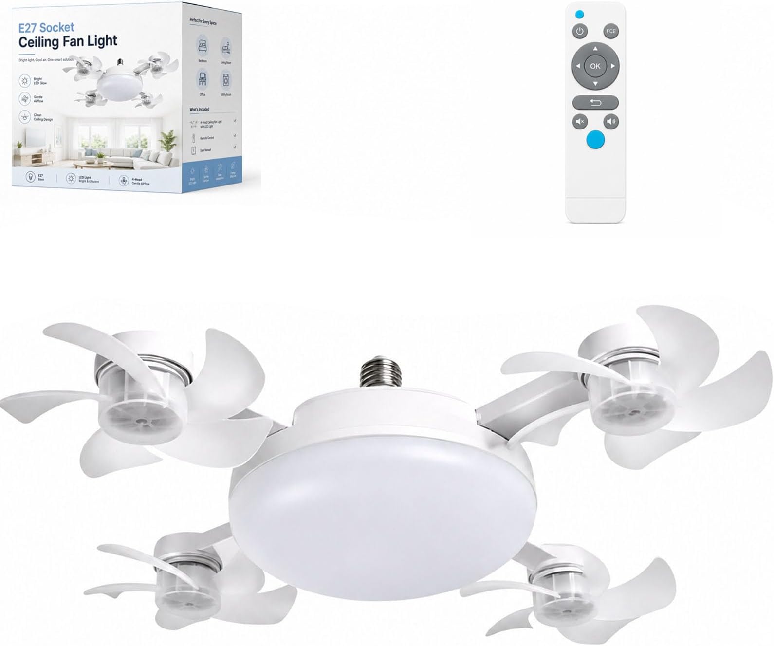 E27 Socket Ceiling Fan Light, 2-in-1 Silent Led Fan with Remote Control (1 Pc)
