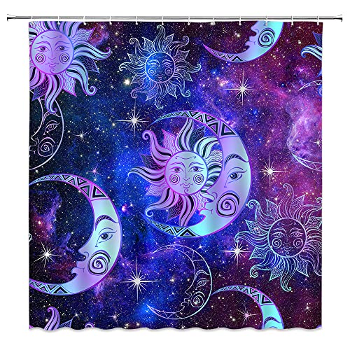 Sun And Moon Shower Curtain Purple Blue Burning Sun Moon Stars Boho Mandala Celestial Fantasy Universe Starry Sky Galaxy Medallion Mystic Art Polyester Curtains Bathroom Decor With Hooks 70Wx70H Inch #TOP2