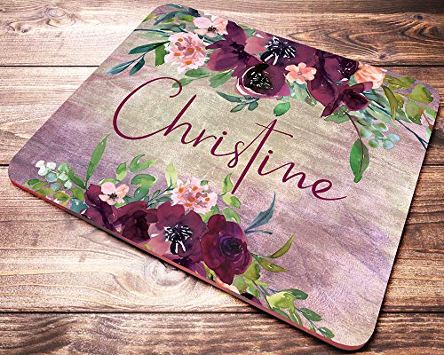 Custom name burgundy floral mouse pad personalized desk…