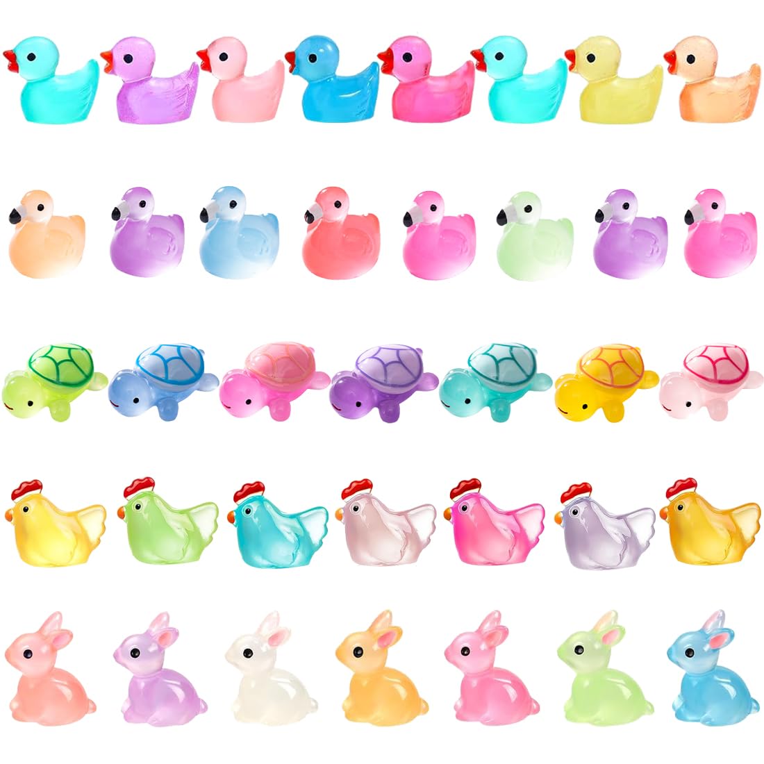 Garedeko Mini Resin Animals 50 Pack Mini Ducks Bunnies Flamingos Turtles Rabbits Chicks Sting Ray Tiny Ducks Little Animals Figures Small Plastic Ducks Variety Pack Luminous Statues Gifts Pink
