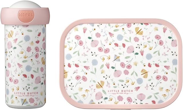 Mepal - Lunch Set Campus Little Dutch - Lunch Set For Children with School Beaker & Lunch Box - Lunch Set for School or On The Go - Dishwasher Safe & BPA-free - 300 ml + 750 ml - Flowers & Butterflies