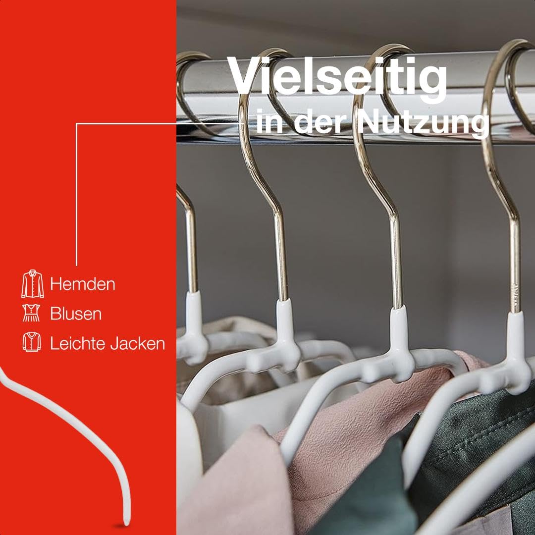 MAWA Kleiderbügel Light, Set mit 100 platzsparenden und rutschfesten Bügeln, ideal für Hemden und Blusen, mit 360° drehbarem Haken und Antirutschbeschichtung, 42 cm, Weiß
