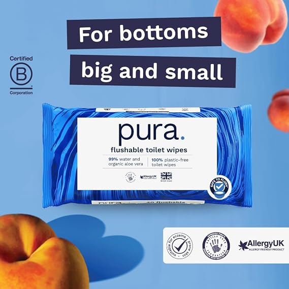Pura Flushable Moist Toilet Tissue Wipes, 14 x 40 wipes per pack (560 Wipes) 100% Plastic Free, 99% Water Washlets, Certified Fine to Flush Biodegradable, Compostable, Vegan, Gentle, Clean, Wet Wipes