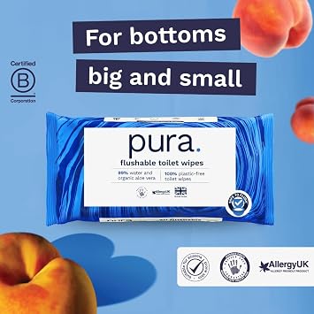 Pura Flushable Moist Toilet Tissue Wipes, 14 x 40 wipes per pack (560 Wipes) 100% Plastic Free, 99% Water Washlets, Certified Fine to Flush Biodegradable, Compostable, Vegan, Gentle, Clean, Wet Wipes