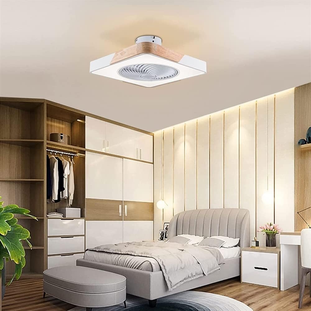 Nordic Thin Type Enclosed Ceiling Fan Light Dimmable Modern Round LED Ceiling Fan Lamp Bladeless Ceiling Fan with Remote Silent Motor 3-Color Change Bedroom Flush Mount Fan Lamp