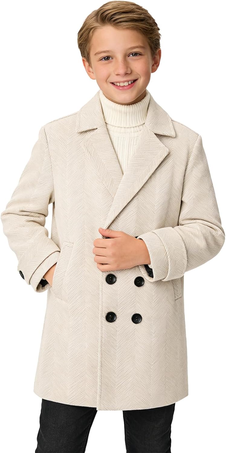 Boys Dress Coats Double Breasted Jacket Winter Notch Lapel Trench Coats Casual Classic PeaCoat 2-17