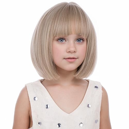 Miniatura 2 de PATTNIUM Peluca para niños, peluca rosa con flequillo, peluca corta y recta rosa para niñas, pelucas sintéticas cortas con gorra de peluca